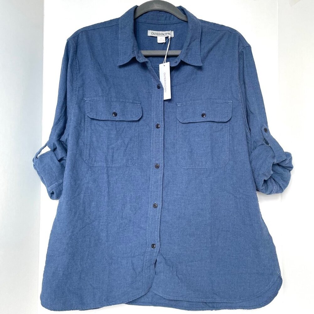 Outerknown Scout Flannel Shirt Womens L Blue Cotton Lightweight Roll Tab